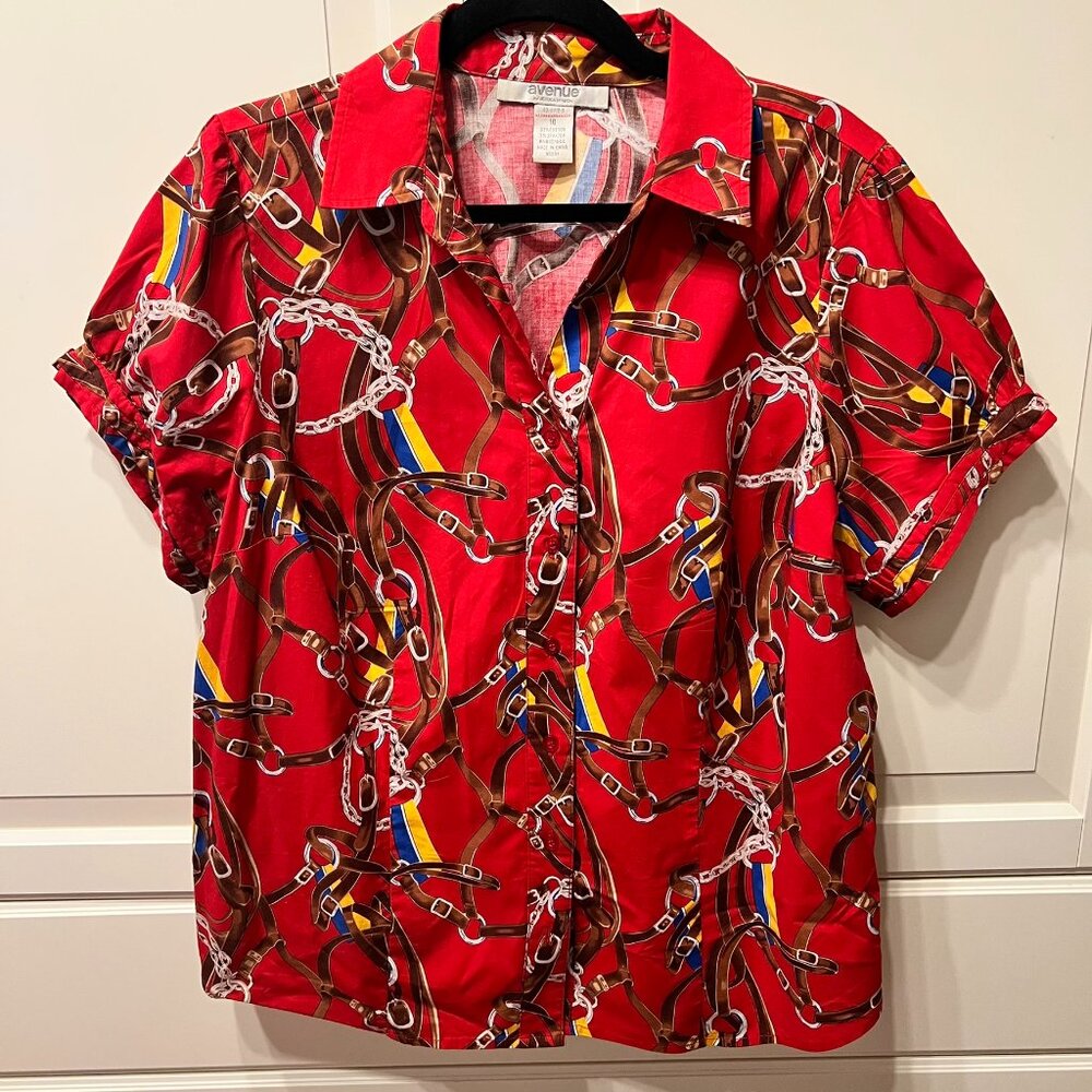 AVENUE Red Horse Bit & Bridle Short Puffy Sleeve‎ Top (16) VERY CUTE!